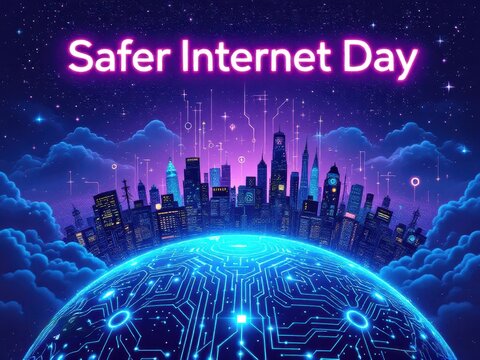 Safer internet day celebration with futuristic digital landscape and urban skyline - Powered by Adobe