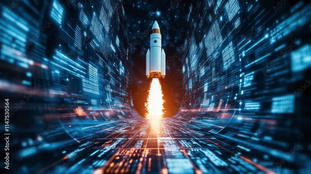 Aufkleber rocket launching through a digital tunnel, representing innovation and technological advancement.