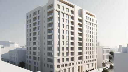 Fototapeta premium A high-quality PNG of a city residential building featuring unique architectural details, presented against a white background for a minimalist effect.