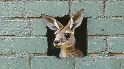 Baby kangaroo peeking through hole in green brick wall, curious and playful