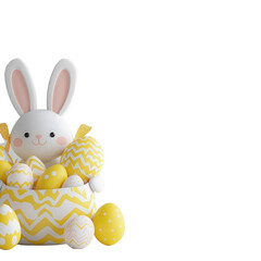 A cute bunny sits among colorful Easter eggs in a decorative basket with a cheerful zigzag pattern.