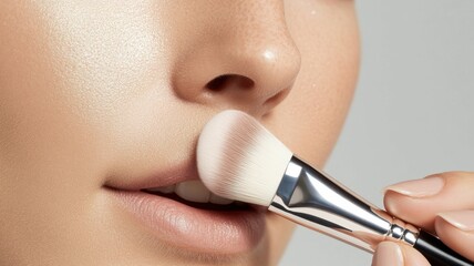 A close-up of a makeup application, focusing on a brush gently touching the lips, showcasing a flawless, radiant skin tone.