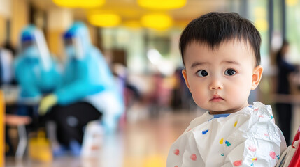 Pediatric hospital ward featuring dedicated medical professionals in protective gear, emphasizing compassionate care and safety in healthcare environments.