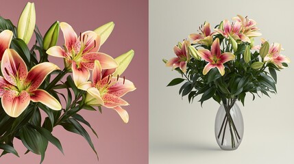 of lilies in a floral arrangement, blended with an image of market demand, highlighting consumer appeal. | [Lily]:[Economic plant] 