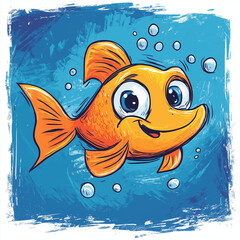Bright orange cartoon goldfish with big eyes swimming in a bubbly blue background  
