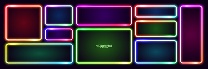 Colorful glowing neon banners, illuminated square frames. Shiny vibrant border, glow effect. Purple vintage retro lights, night illumination. Modern futuristic UI design elements. Vector illustration