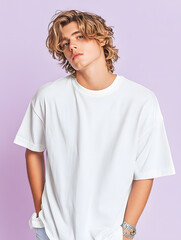 The teenager wear an oversized t-shirt and smiled casually. Take dynamic vertical photos.