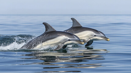 Dolphins swimming together in calm waters, showcasing their playful nature