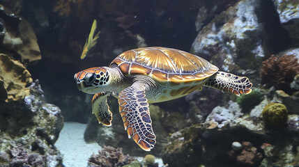 Fototapeta premium sea turtle swimming gracefully underwater in vibrant coral reef