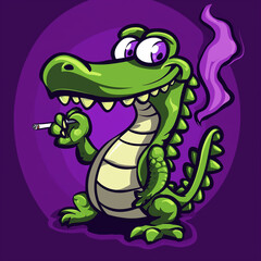 Fototapeta premium Funny cartoon crocodile character smoking a cigarette with a purple background 