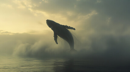 humpback whale breaches surface, creating stunning display in misty ocean
