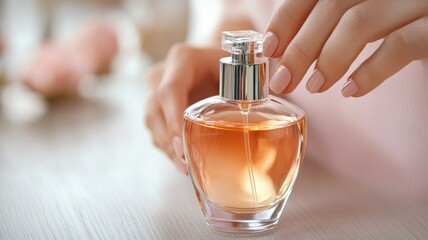 A close-up of a hand holding a stylish perfume bottle, showcasing the elegant design and soft, warm fragrance inside.