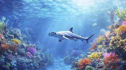 hammerhead shark swims gracefully over vibrant coral reef