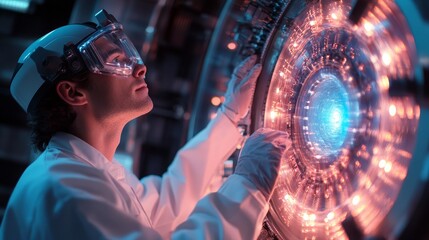 Naklejka premium Laser-driven fusion technology representing the future of clean energy, offering a sustainable and efficient solution for global energy needs with cutting-edge advancements in science and technology.
