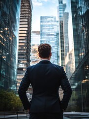 Man in Suit Standing Near City Buildings