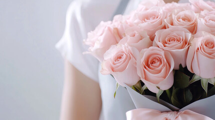 Fototapeta premium Soft pink roses bouquet in gentle light and elegant dress setting
