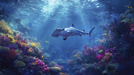Fototapeta premium hammerhead shark swimming gracefully over vibrant coral reef