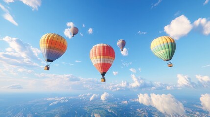Fototapeta premium Colorful hot air balloons float across a bright blue sky filled with fluffy white clouds above a scenic landscape.