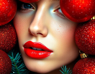 Close-up of red-lipped woman in christmas setting