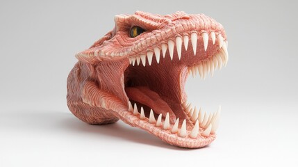 Naklejka premium Close-up of a detailed dinosaur skull model with open jaw, showcasing sharp teeth and textured skin.