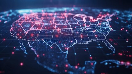 Digital map of the USA with glowing nodes representing data points or connections.