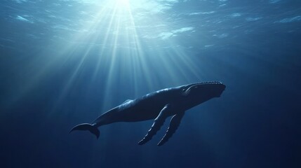 Fototapeta premium Silhouetted whale swimming in sunlit ocean depths.