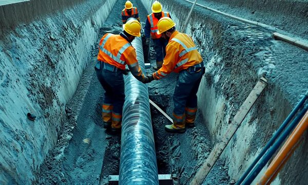 Workers installing a large pipe in a trench, focused on construction and safety.