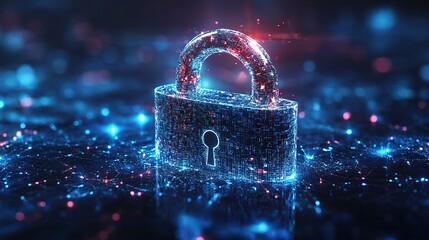 Futuristic digital padlock on glowing network.