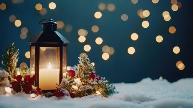 Christmas Lantern in Snowy Scene with Festive Lights