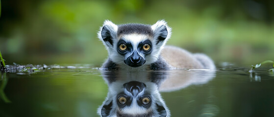 Obraz premium Lemur Reflection: Cinematic Macro Photography of Ring-tailed Lemur in Lush Green Forest