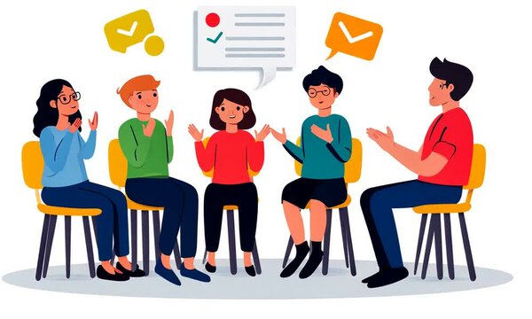 A group discussion with diverse individuals sharing ideas and feedback in a collaborative setting.
