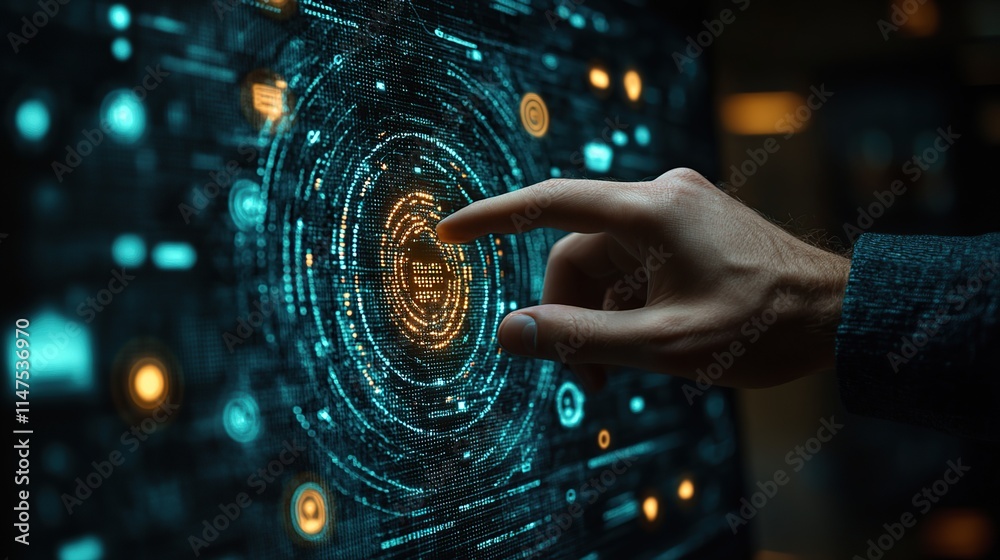 Poster hand interacting with a futuristic digital interface showing a central security element.