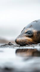 Fototapeta premium Close-up capture of a seal overcoming an oil spill on the pollution coast