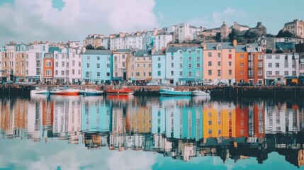 Obraz premium Colorful houses reflected in calm harbor water.
