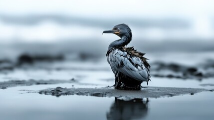 Oil-covered bird on polluted shoreline amidst environmental disaster