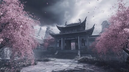 Obraz premium Stormy weather over ancient Asian temple with blossoming trees.