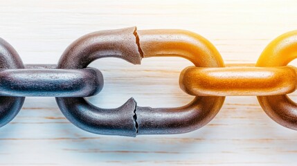 Obraz premium A close-up of a broken chain link, symbolizing disruption or weakness in a connection, highlighted by contrasting colors of metal.