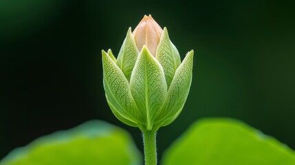 A close-up of a budding flower with green leaves, showcasing intricate textures and a soft, delicate pink tip against a blurred green background.
