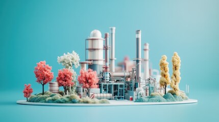 A miniature model of an industrial factory with trees growing around it, on a blue background.