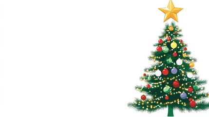 Fototapeta premium Festive Vector Christmas Tree with Colorful Ornaments and Sparkling Lights, Crowned with a Golden Star on Pure White Background