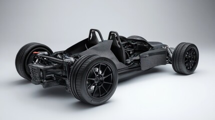 A sleek, black race car with exposed engine and rear wheels, isolated on a white background.