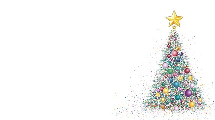 Festive Vector Christmas Tree with Colorful Ornaments and Sparkling Lights, Crowned with a Golden Star on Pure White Background