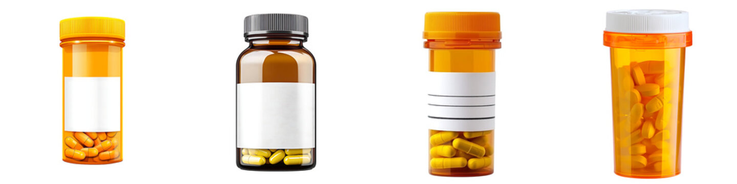 Set of a yellow pill bottle with a white label on the front, isolated on a transparent background.