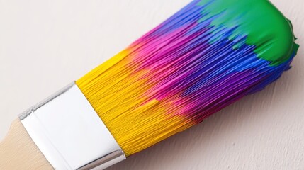 Fototapeta premium A vibrant paintbrush covered in colorful paint, showcasing a blend of green, blue, purple, and yellow hues, perfect for artistic projects.