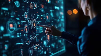 Person interacts with glowing digital interface.