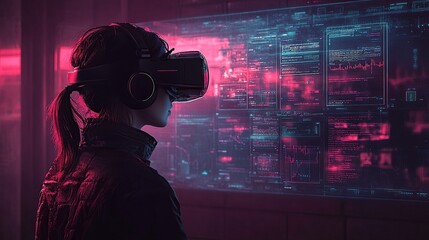 Woman using VR headset, viewing futuristic data interface.