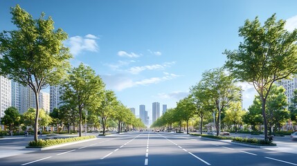 A wide-angle view of a city skyline with rows of trees planted along the streets, showcasing the...