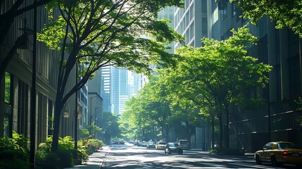 A variety of tree species planted along a city street, with lush green canopies creating a natural atmosphere amidst the concrete jungle 