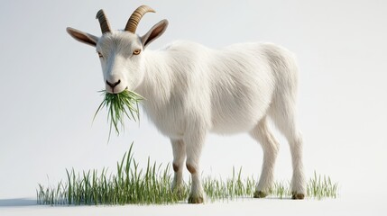 Obraz premium Realistic White Goat Grazing on Fresh Green Grass in Bright Light
