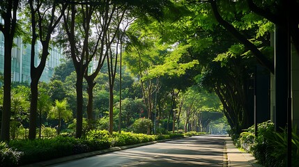Obraz premium A variety of tree species planted along a city street, with lush green canopies creating a natural atmosphere amidst the concrete jungle 
